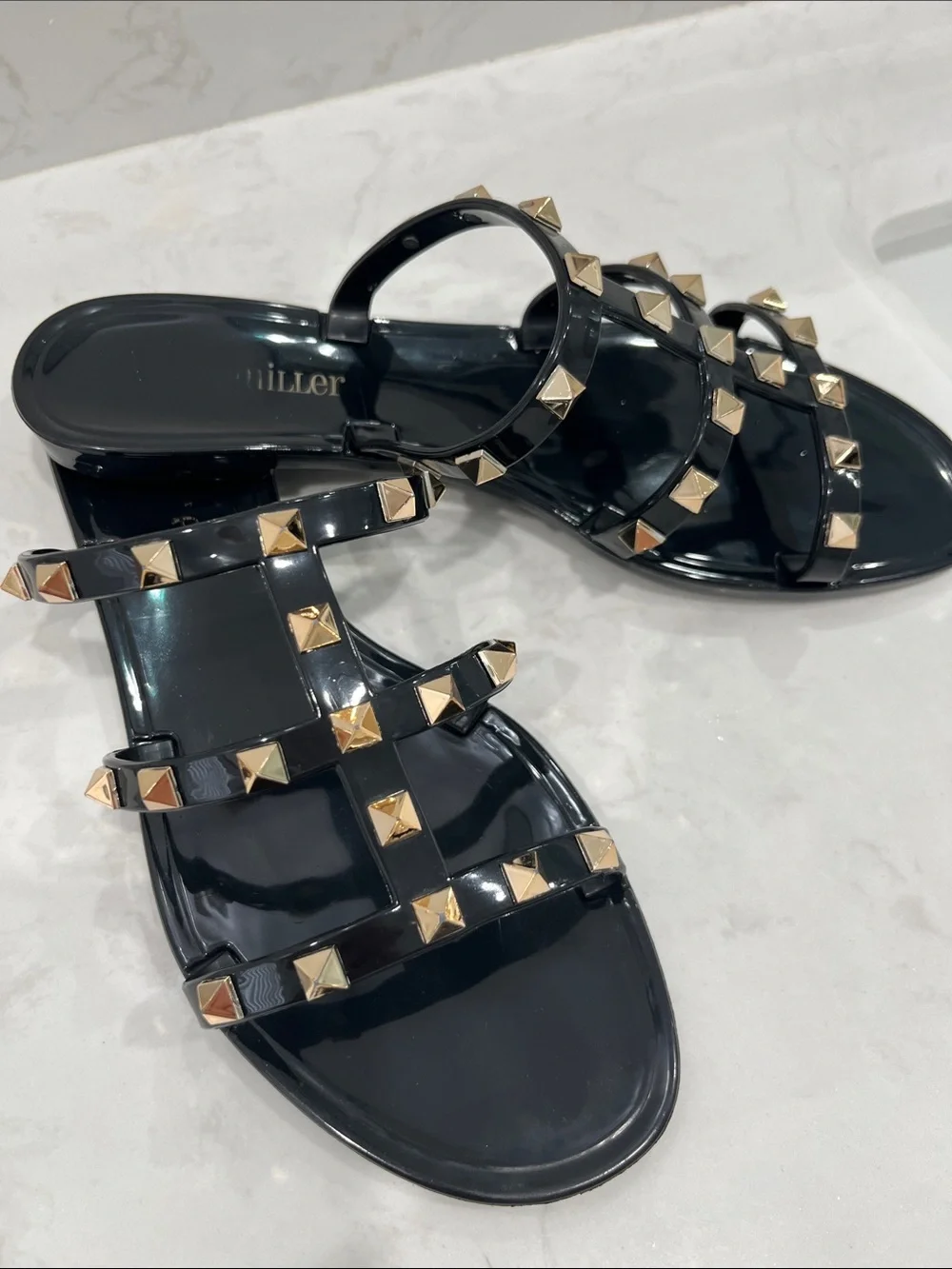 Black Studded Slide Sandals - Women